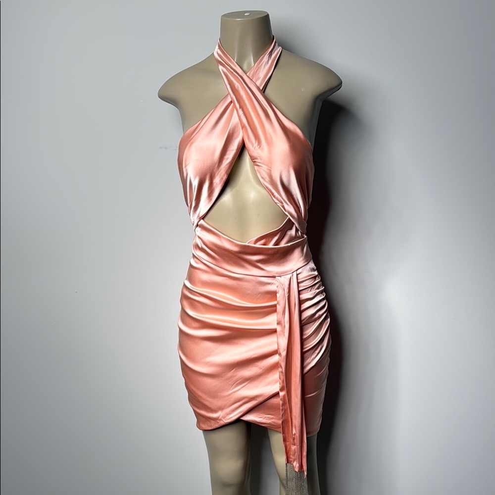 Oh Polly Satin Halter Mini Dress in Peach